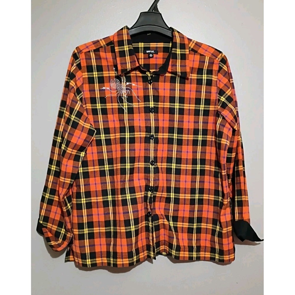 Krazy Kat Button Down Shirt Women's Size XXL Rhinestone Spider Plaid Fall Colors